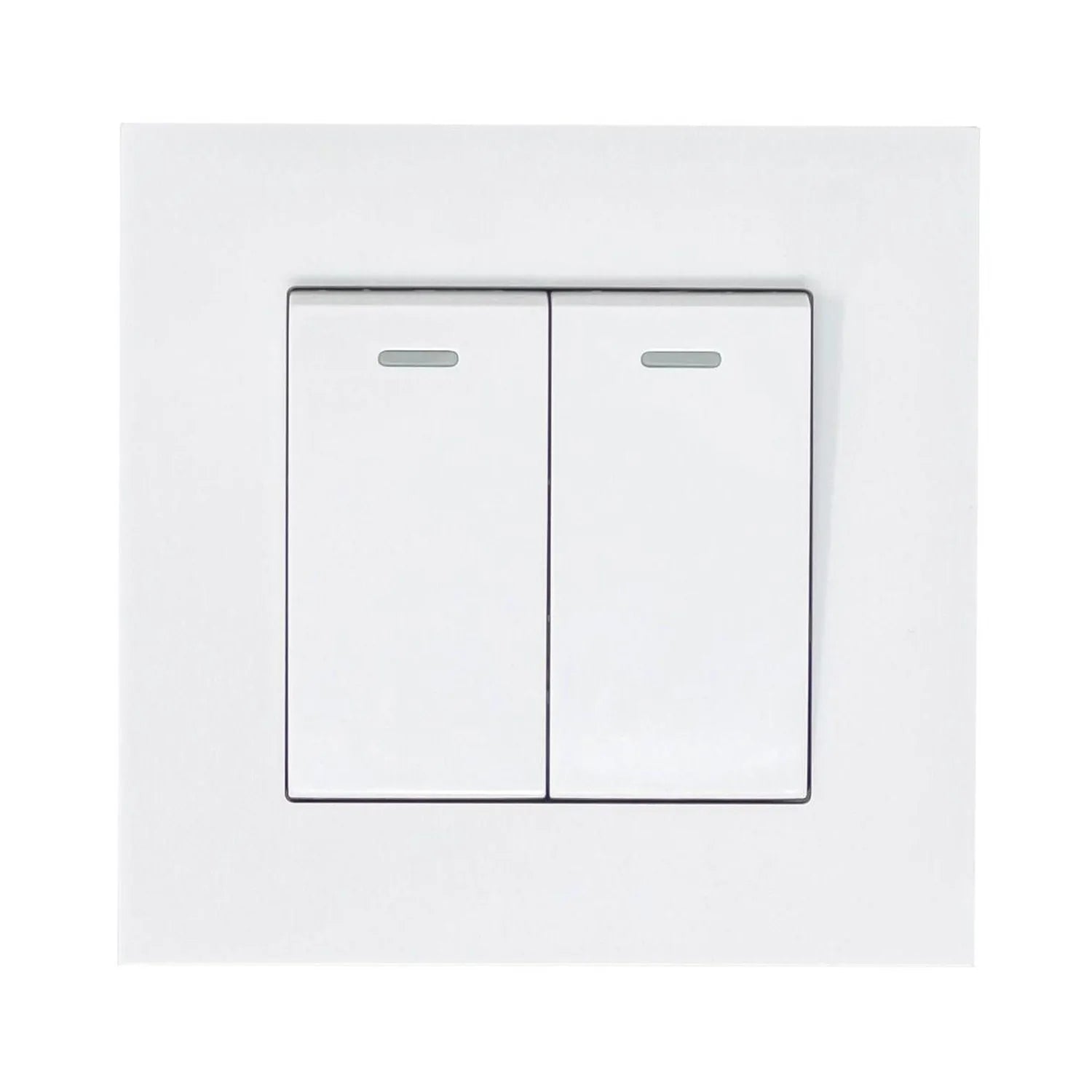 Two-gang two-way light switch in white with raised slim design and indicator lights, shown installed on white wall.