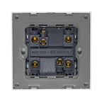 Rear view of 2-gang light switch mechanism showing brass terminal connections and 16AX 250V rating label on dark plastic back