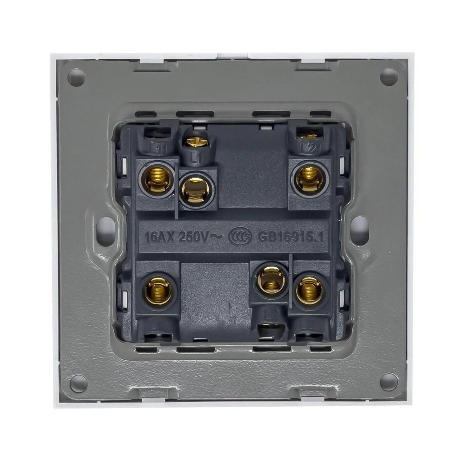 Rear view of 2-gang light switch mechanism showing brass terminal connections and 16AX 250V rating label on dark plastic back