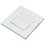 White 2-gang 2-way light switch with raised slim design, angled product view showing both toggle switches and indicator light