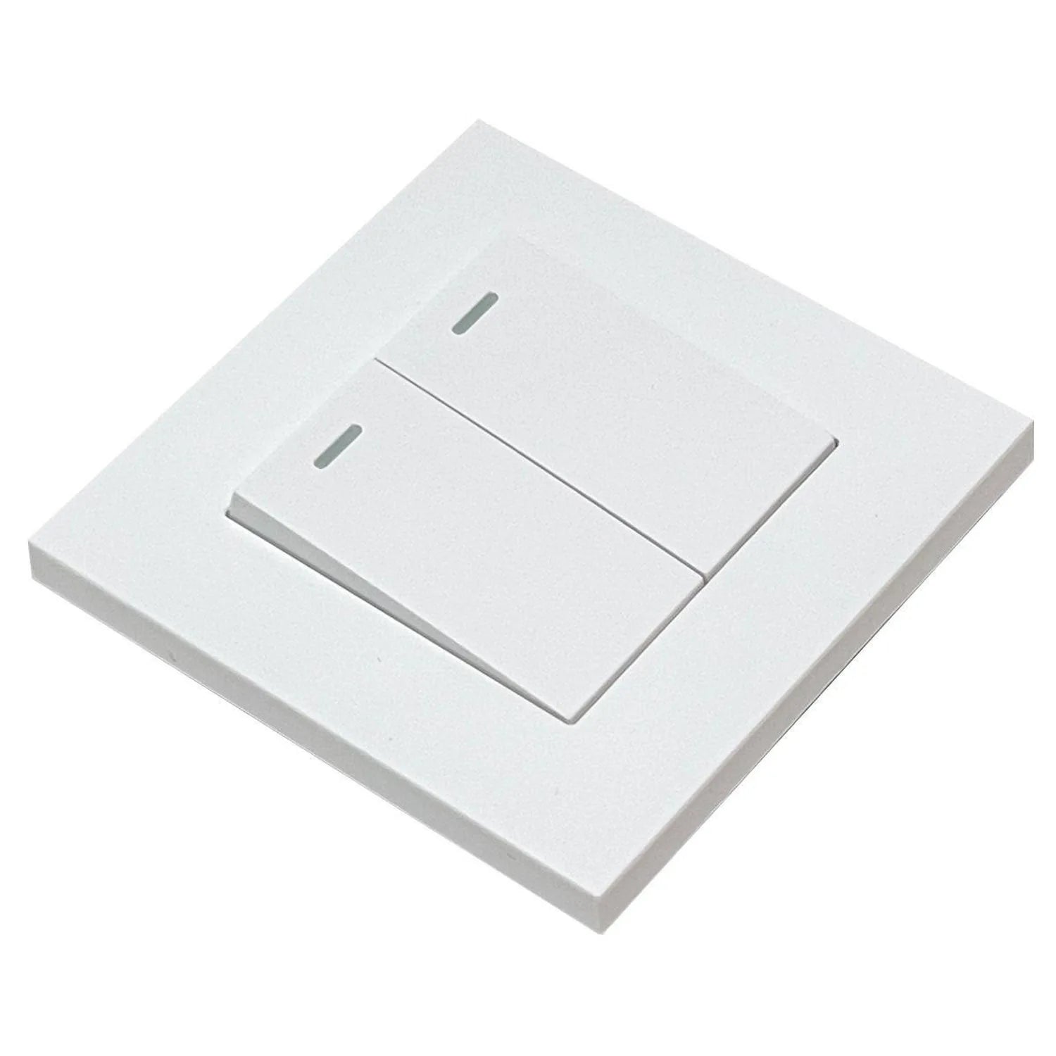 White 2-gang 2-way light switch with raised slim design, angled product view showing both toggle switches and indicator light