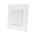 White 3-gang 2-way light switch with three toggle switches mounted on wall plate, product shot on white background.