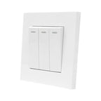 White 3-gang 2-way light switch with three toggle switches mounted on wall plate, product shot on white background.