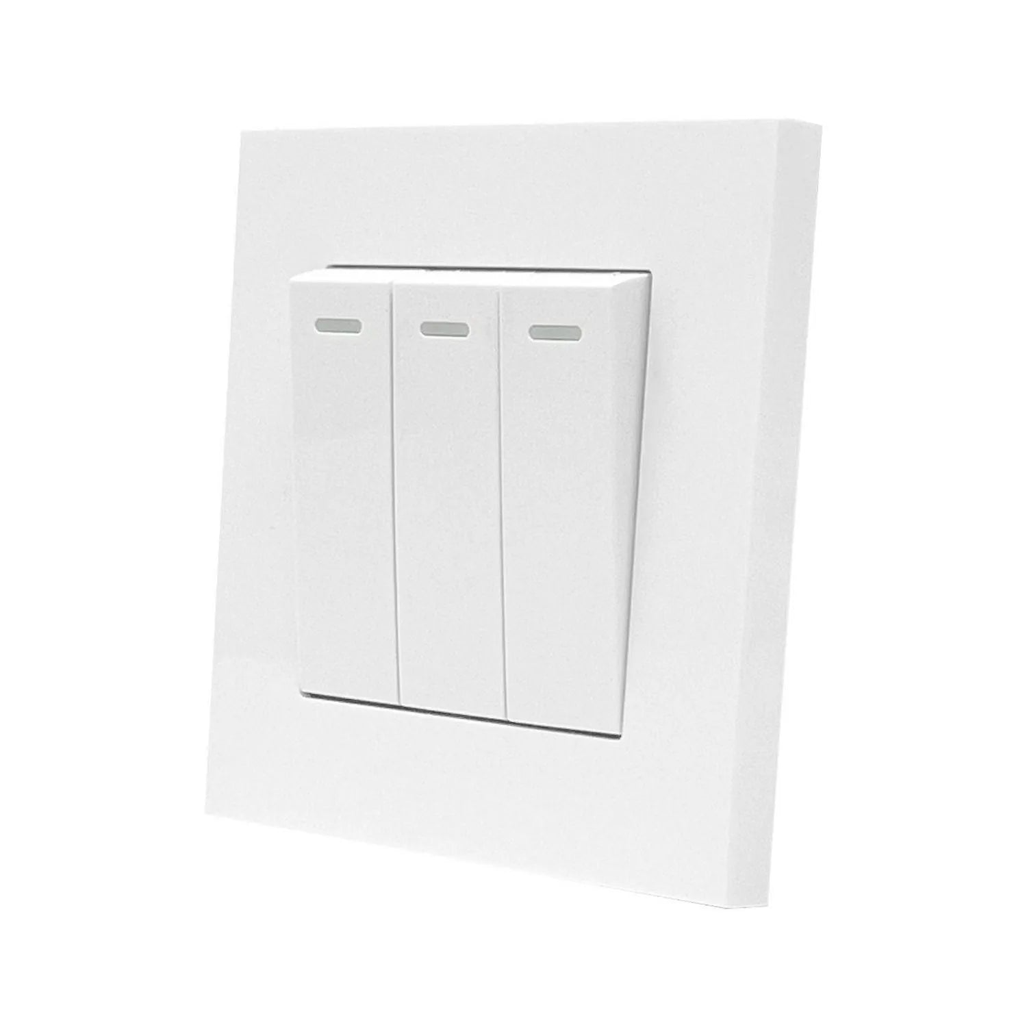 White 3-gang 2-way light switch with three toggle switches mounted on wall plate, product shot on white background.