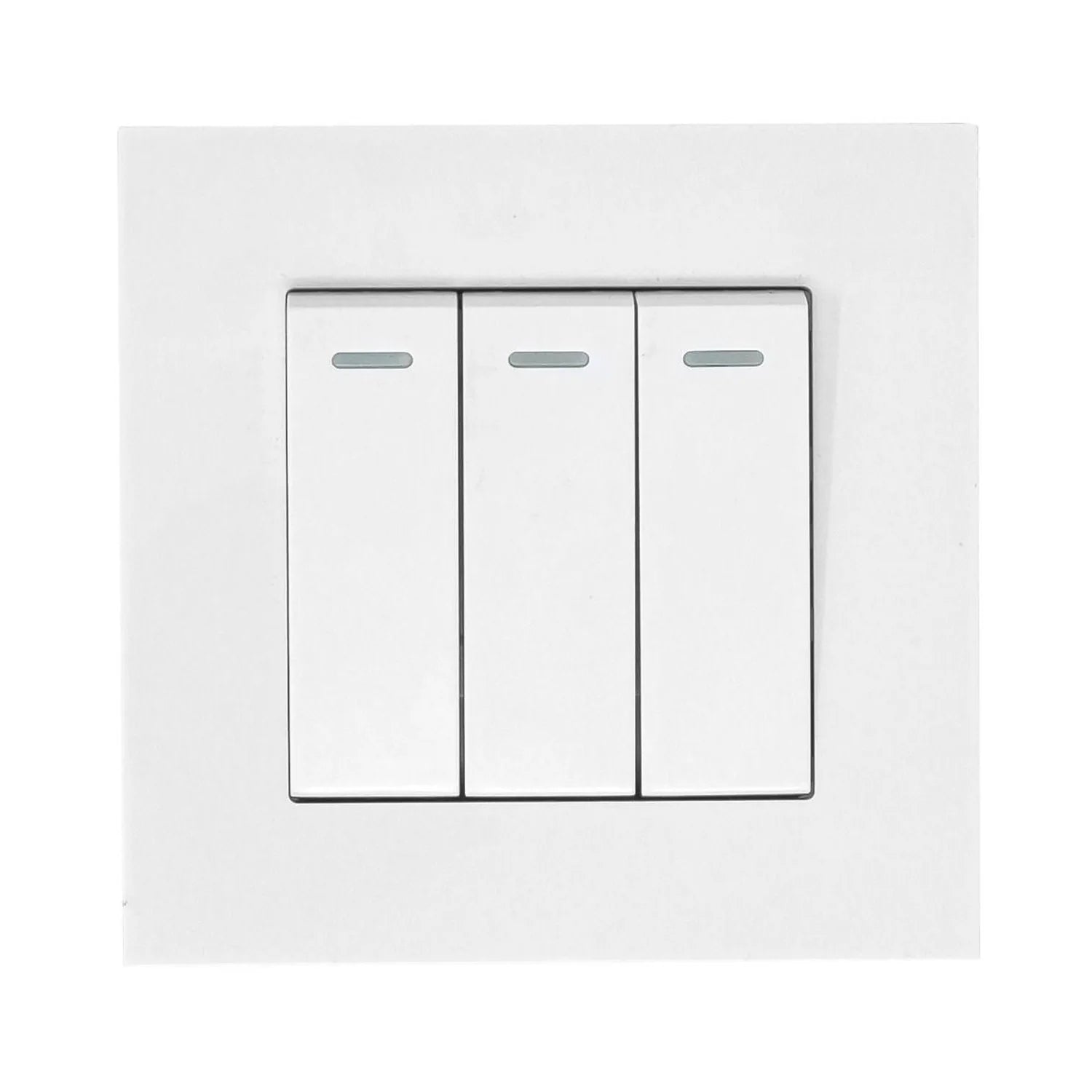 White 3-gang 2-way light switch with three rectangular buttons and indicator lights mounted on wall plate.