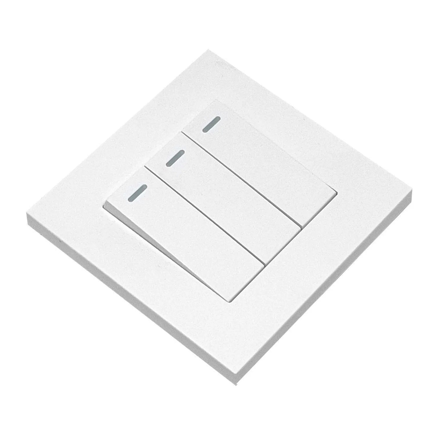 White 3-gang 2-way light switch with three rocker switches and indicator lights, shown at isometric angle.