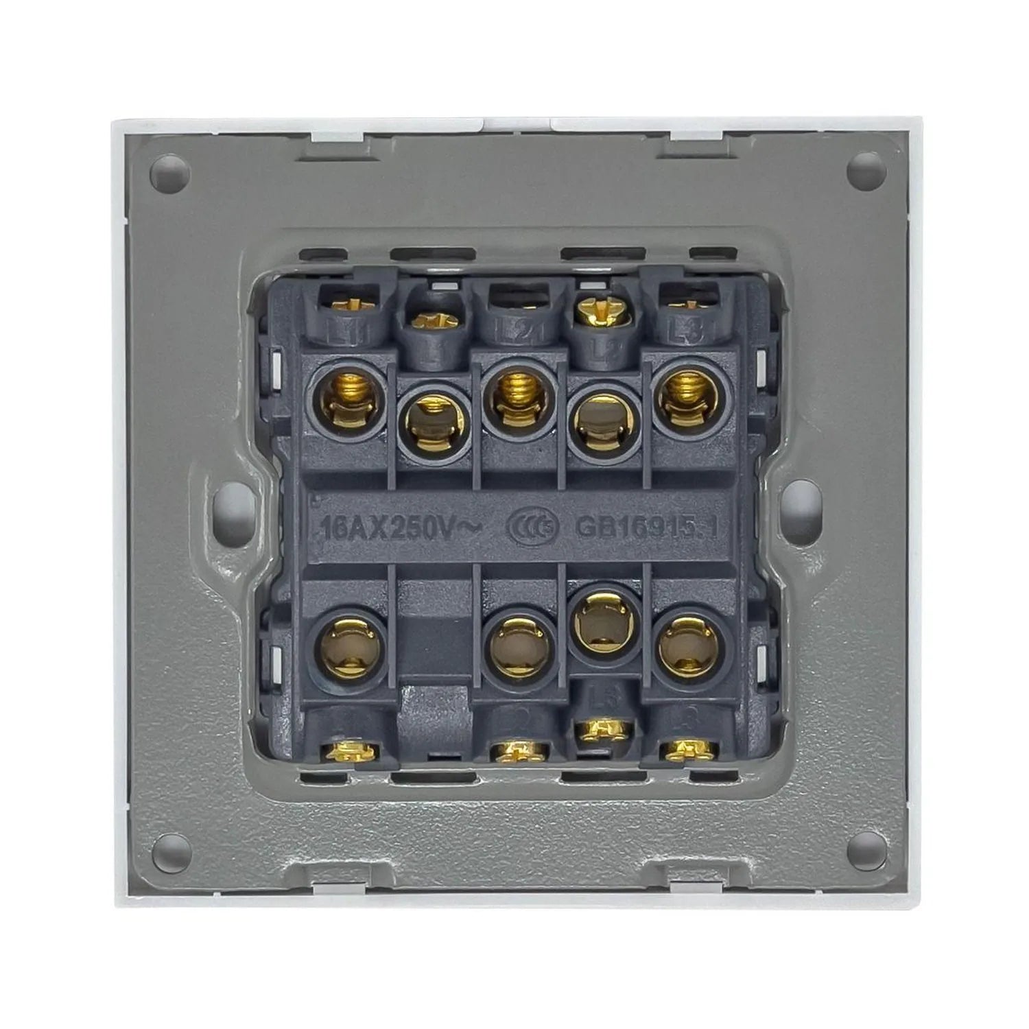 Rear view of electrical switch showing brass terminal connections and rated 16AX 250V specifications on dark gray backing pla