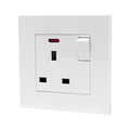 White 13A switched socket outlet with on/off toggle switch and indicator light, mounted on white wall plate.