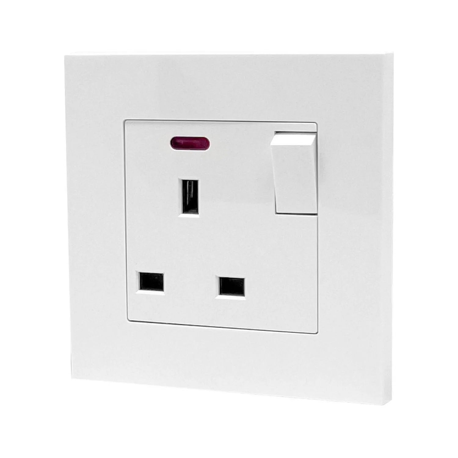 White 13A switched socket outlet with on/off toggle switch and indicator light, mounted on white wall plate.