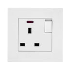 White 1-gang switched socket outlet with power indicator light and toggle switch, front view.