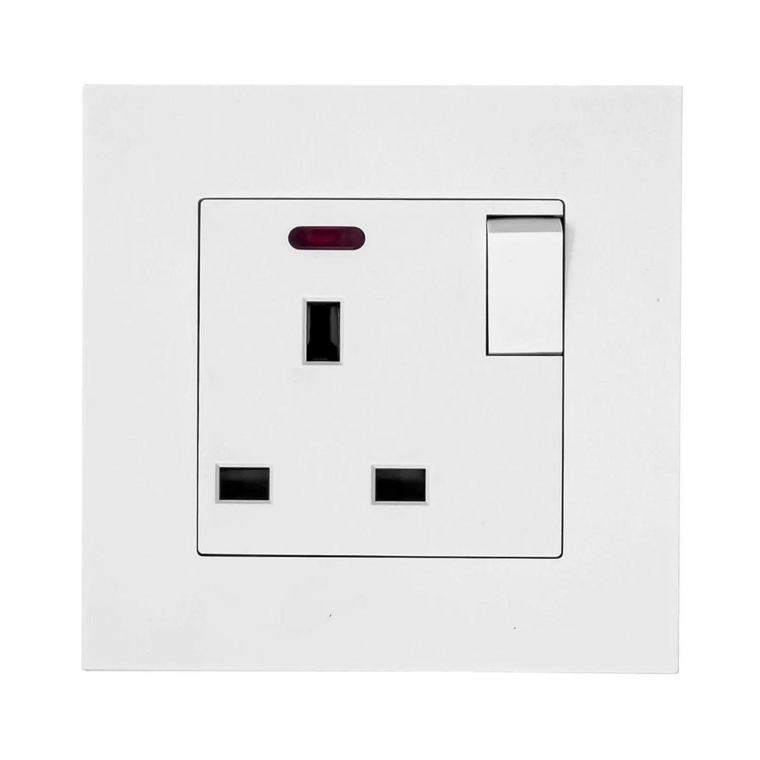 White 1-gang switched socket outlet with power indicator light and toggle switch, front view.