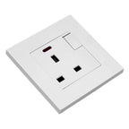 White 1-gang switched electrical socket outlet with power indicator light and toggle switch, mounted on wall plate.