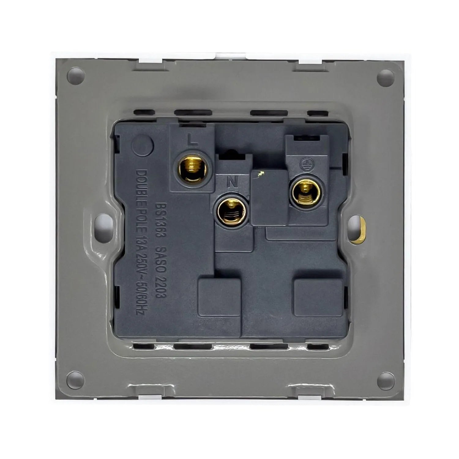 Interior view of white 1-gang switched socket showing black mechanism with three brass terminal connections and mounting plat