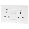 White 2 gang switched double socket outlet with USB ports and indicator lights mounted on wall.