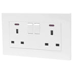 White 2 gang switched double socket outlet with USB ports and indicator lights mounted on wall.