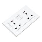 White electrical outlet plate with two gang switched sockets, each featuring power indicator lights and rectangular outlets, 