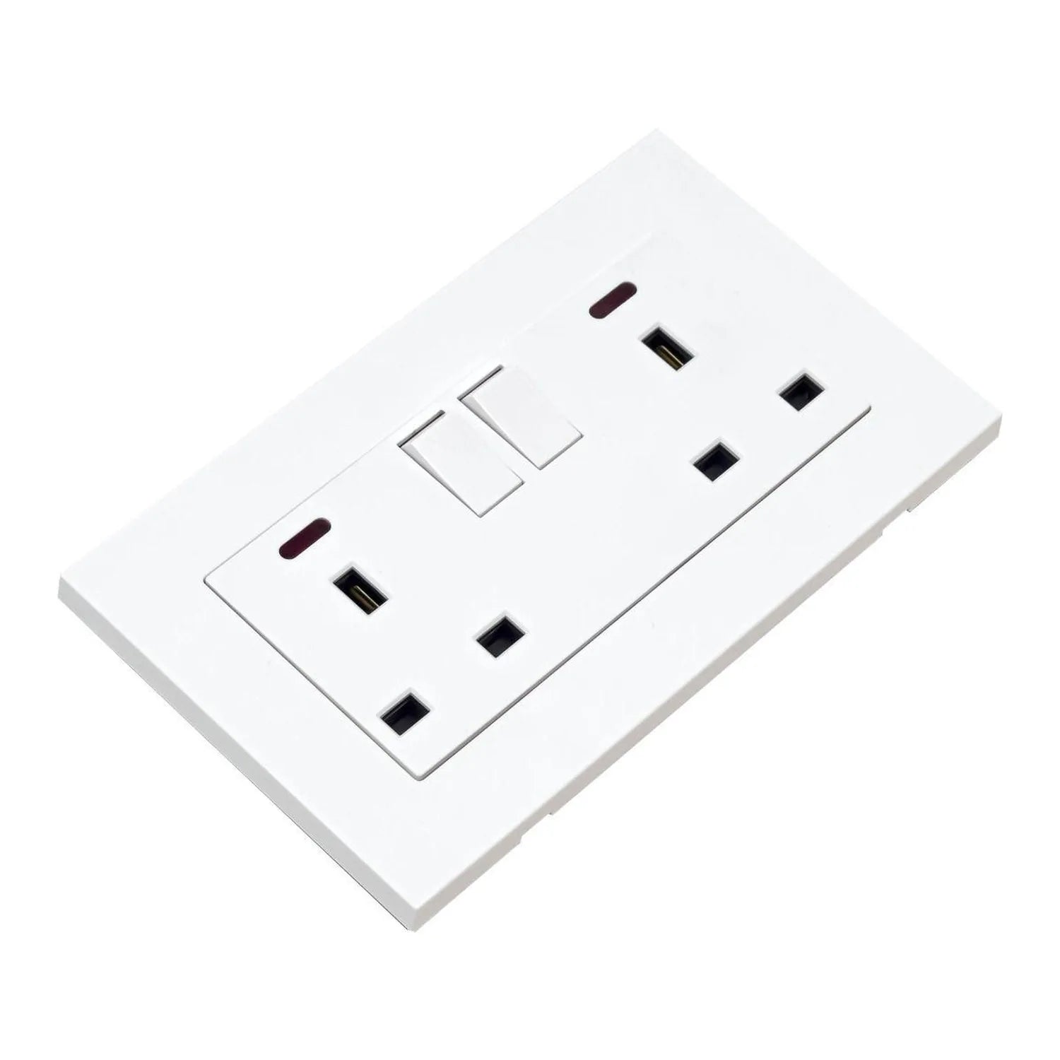 White electrical outlet plate with two gang switched sockets, each featuring power indicator lights and rectangular outlets, 