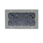 Back view of white 2 gang switched socket outlet showing internal wiring terminals and mounting bracket.
