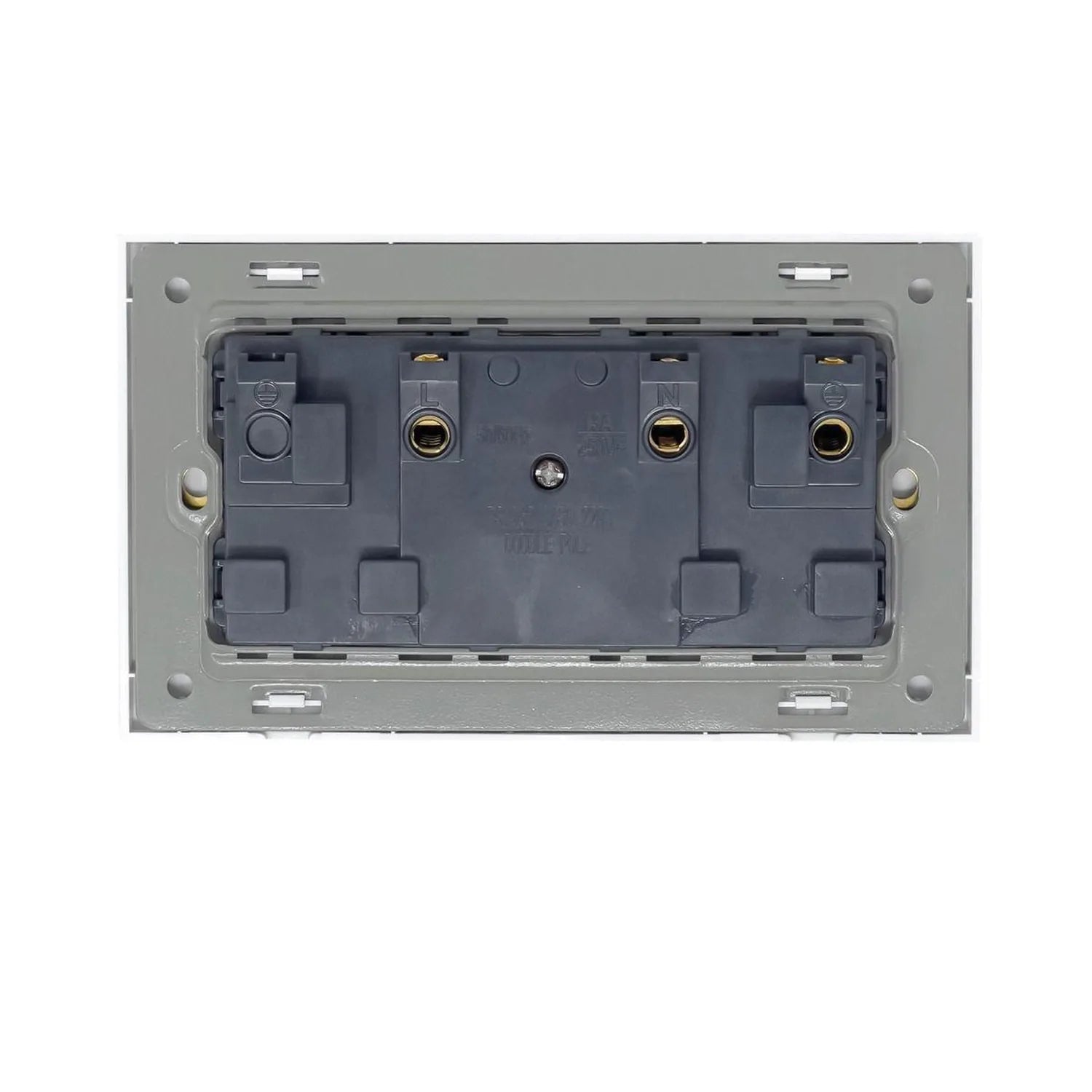Back view of white 2 gang switched socket outlet showing internal wiring terminals and mounting bracket.
