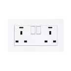 White double socket outlet with two switches and indicator lights, front view product shot.