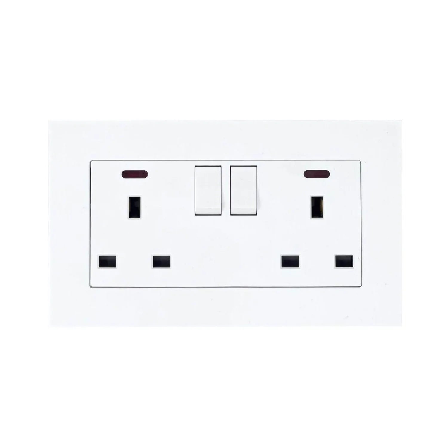 White double socket outlet with two switches and indicator lights, front view product shot.