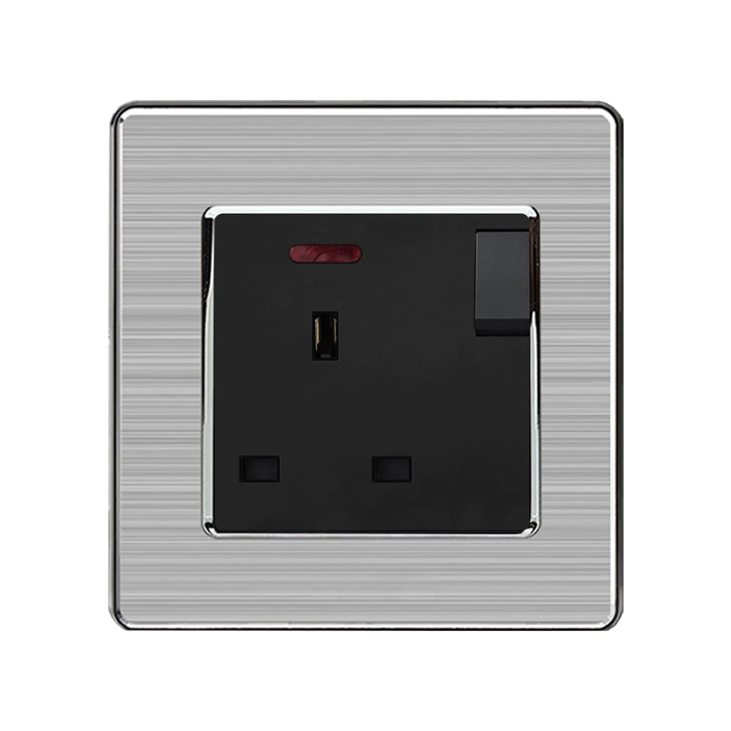 Brushed stainless steel wall socket with black insert, featuring on-off switch and red indicator light, mounted on gray textu