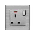 Brushed steel 13A single-gang switched socket outlet with red indicator light and toggle switch, shown as product photo.