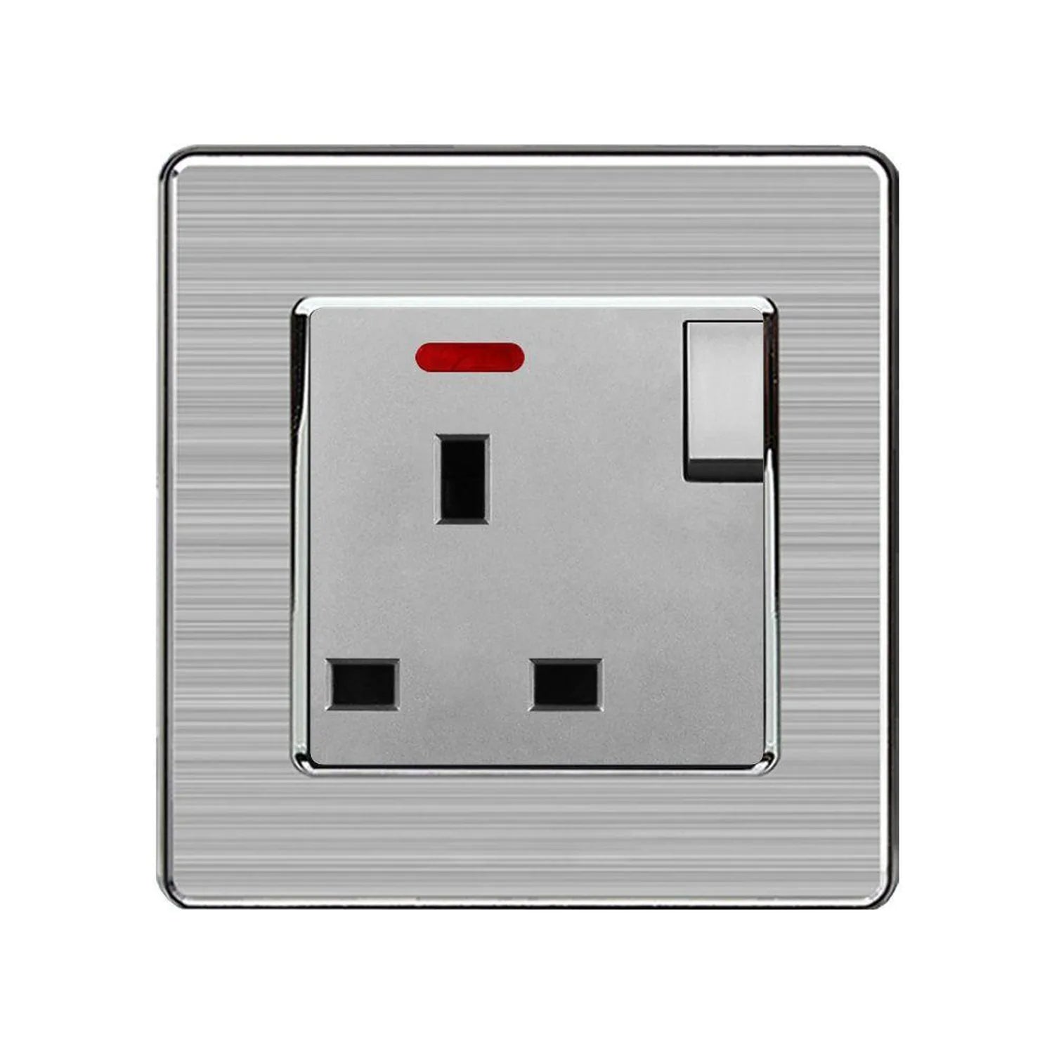 Brushed steel 13A single-gang switched socket outlet with red indicator light and toggle switch, shown as product photo.
