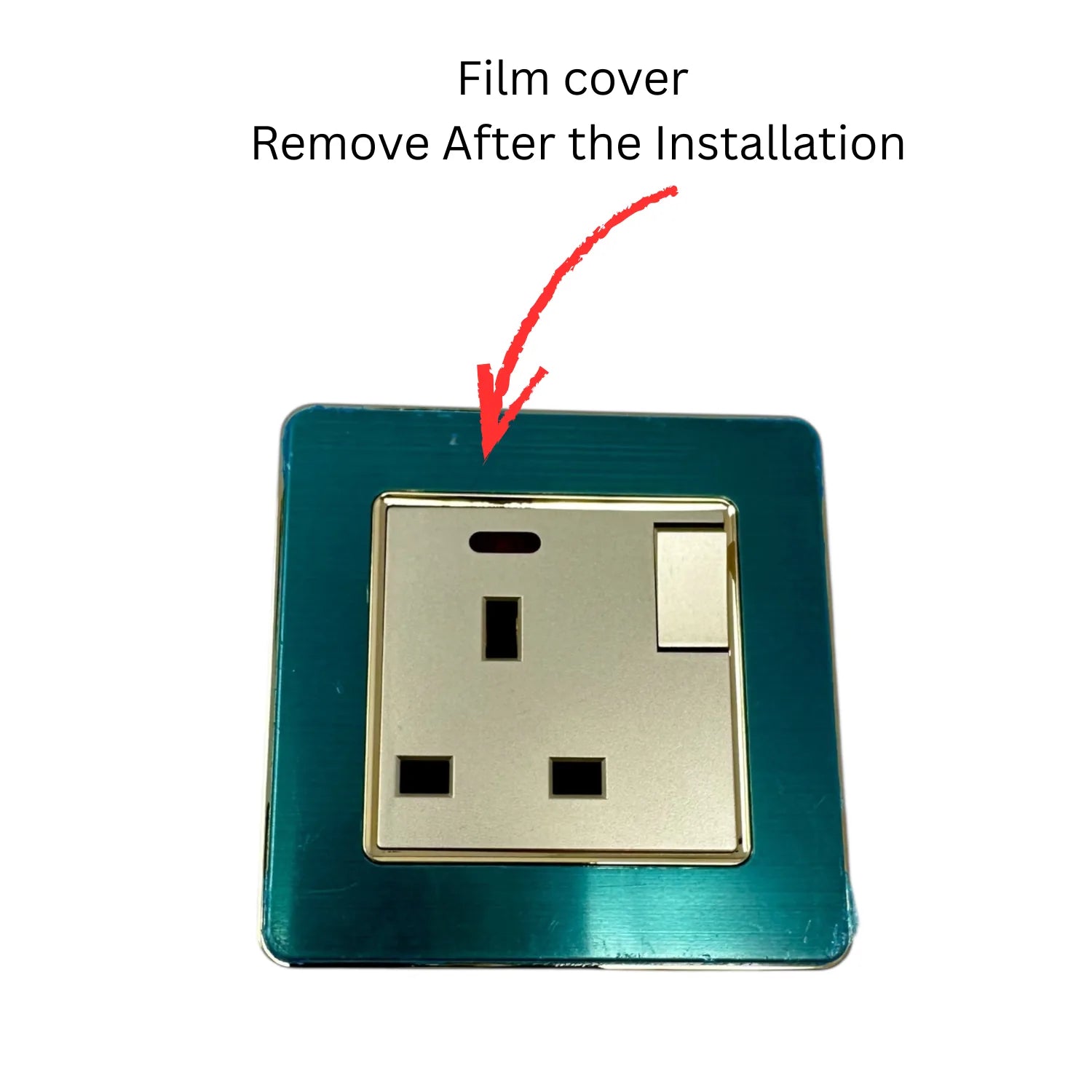 Teal wall plate with brushed gold 13A single switched socket and on/off toggle, showing protective film cover with removal in