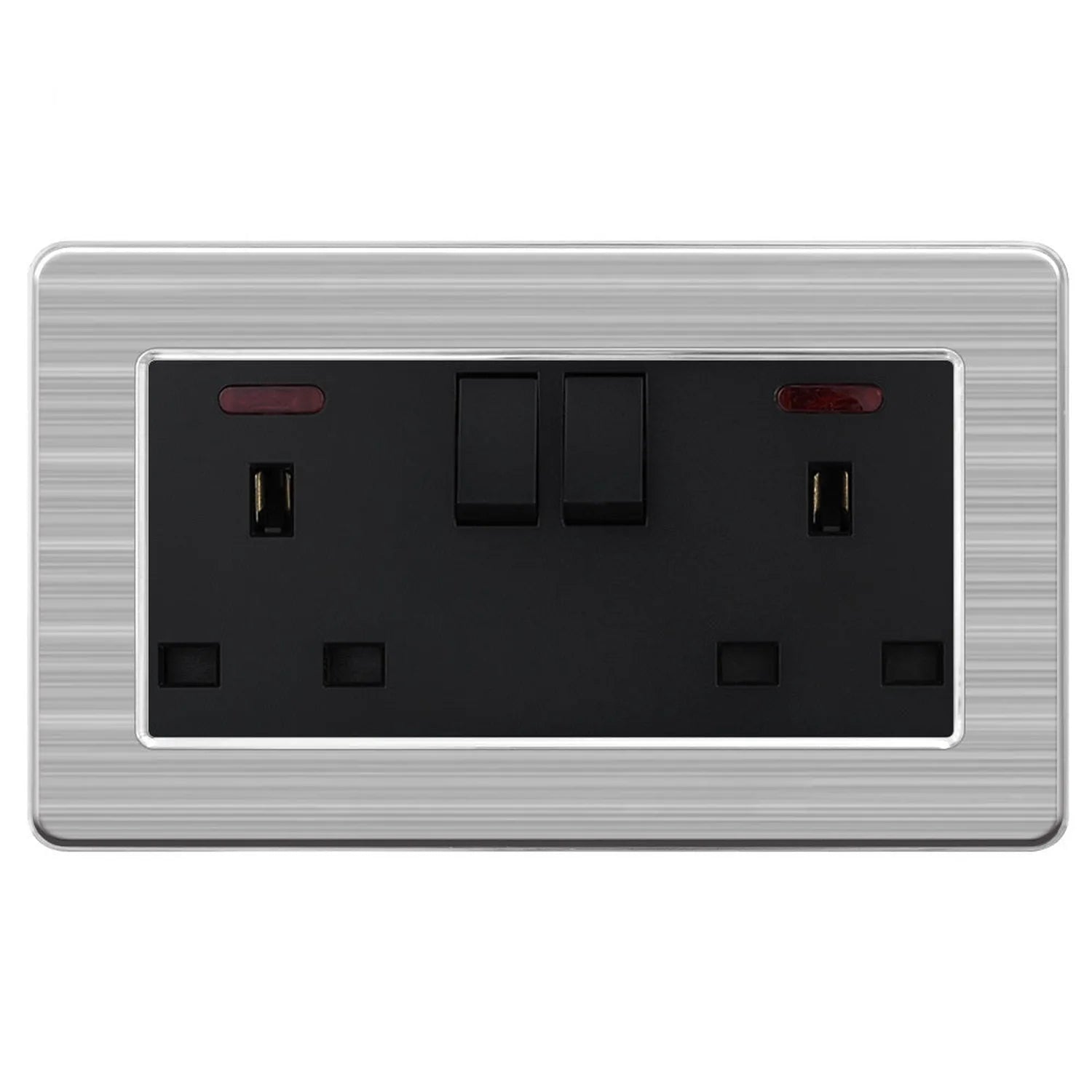Brushed stainless steel dual outlet socket with two black switches, indicator lights, and USB ports on each side.
