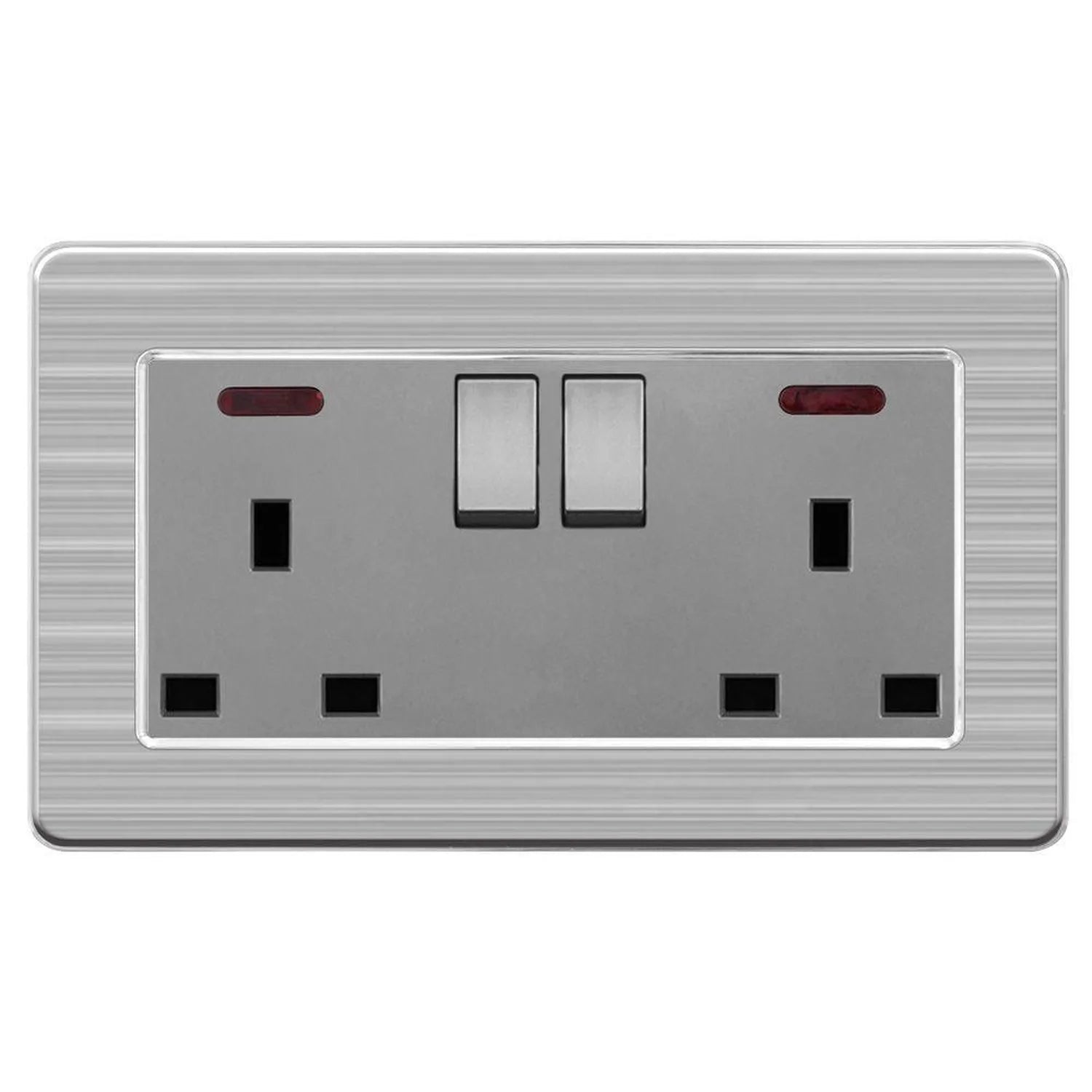 Brushed stainless steel 2-gang switched socket outlet with two toggle switches and indicator lights, product shot on white ba