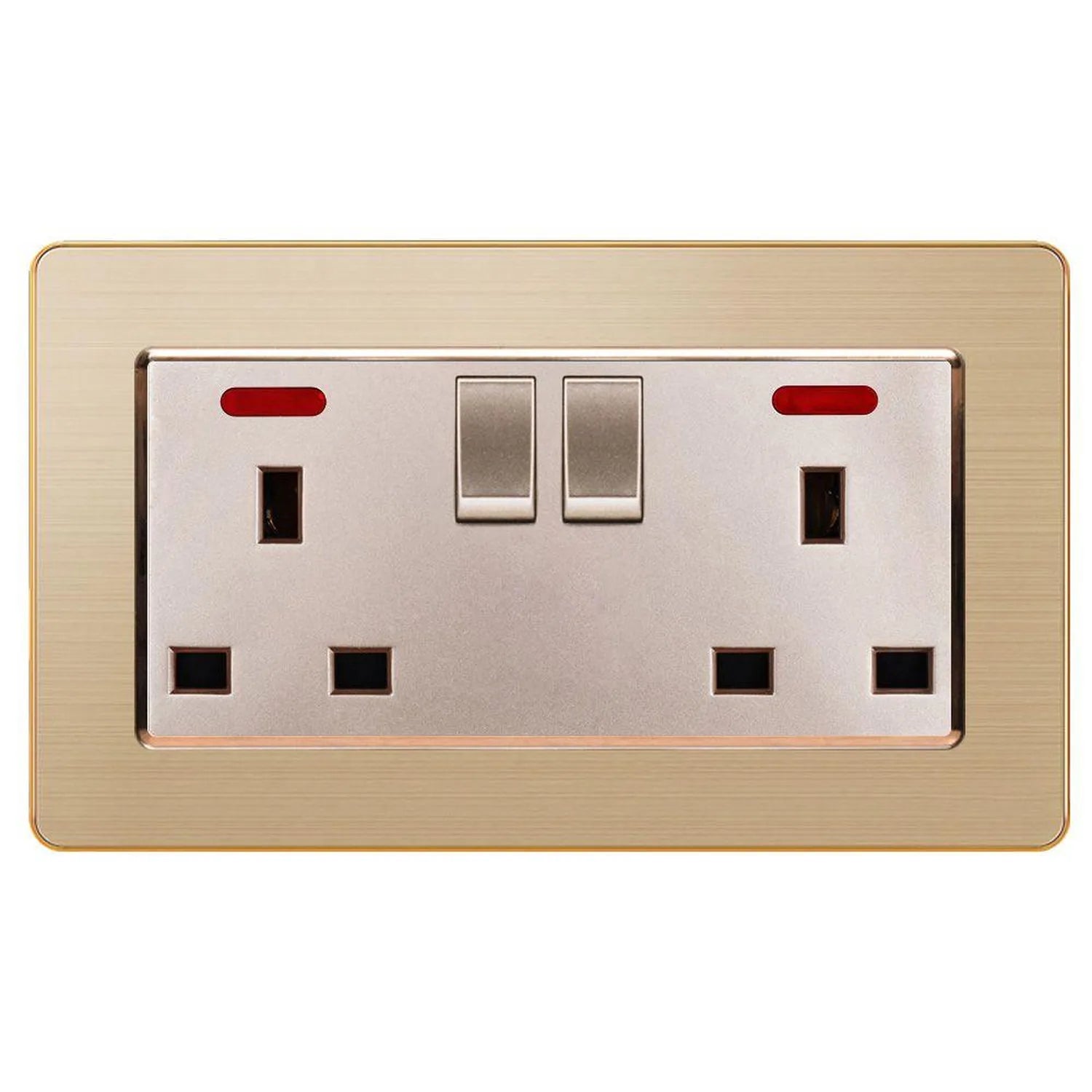 Gold brushed metallic 2-gang switched socket outlet with two toggle switches and red indicator lights, mounted on beige wall 