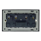 Rear view of a 2-gang electrical socket showing black terminals with gold contacts mounted on a grey backing plate within a b