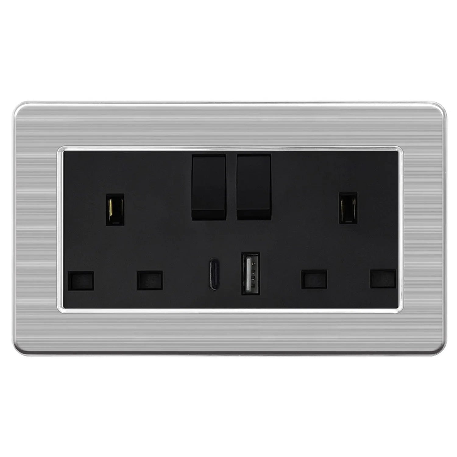 Brushed stainless steel wall socket outlet with two switches, two USB ports, and four rectangular sockets arranged on black f