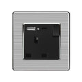 13A 1-gang switched socket with USB ports, brushed metal finish with black insert, front view product shot.