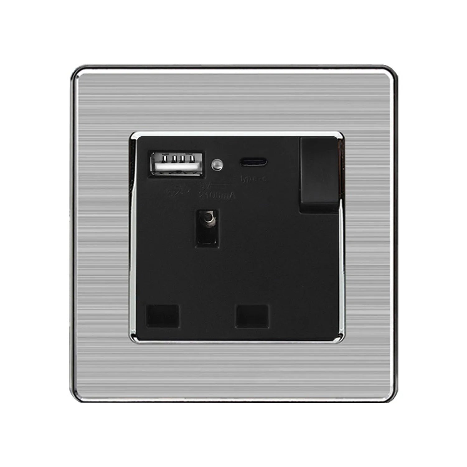 13A 1-gang switched socket with USB ports, brushed metal finish with black insert, front view product shot.