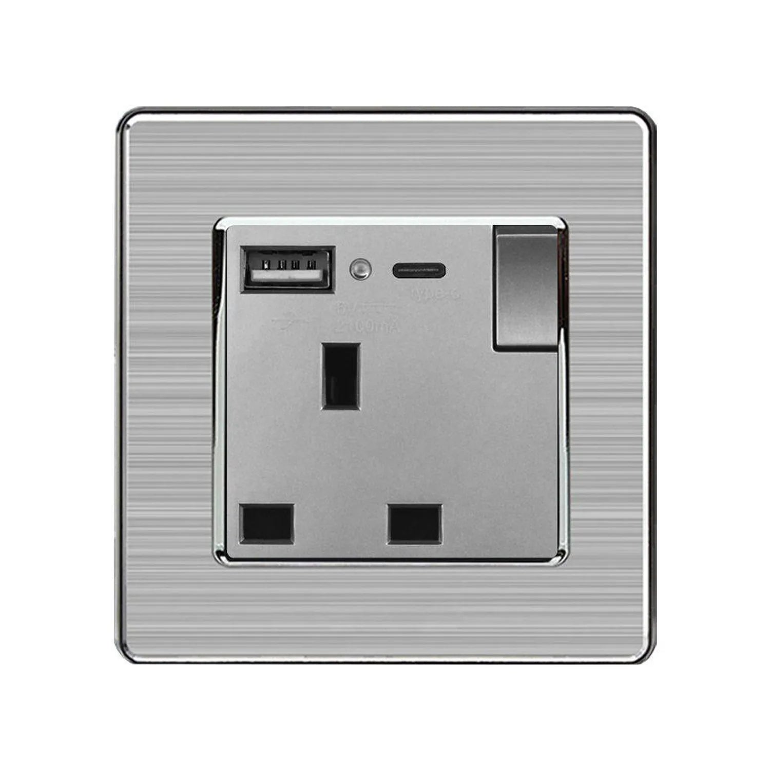 Brushed steel wall socket with single outlet, toggle switch, USB-A port, and USB-C port against textured background.