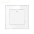 White glass 1-gang 2-way light switch with rounded edges and small indicator light on white wall plate, front view.