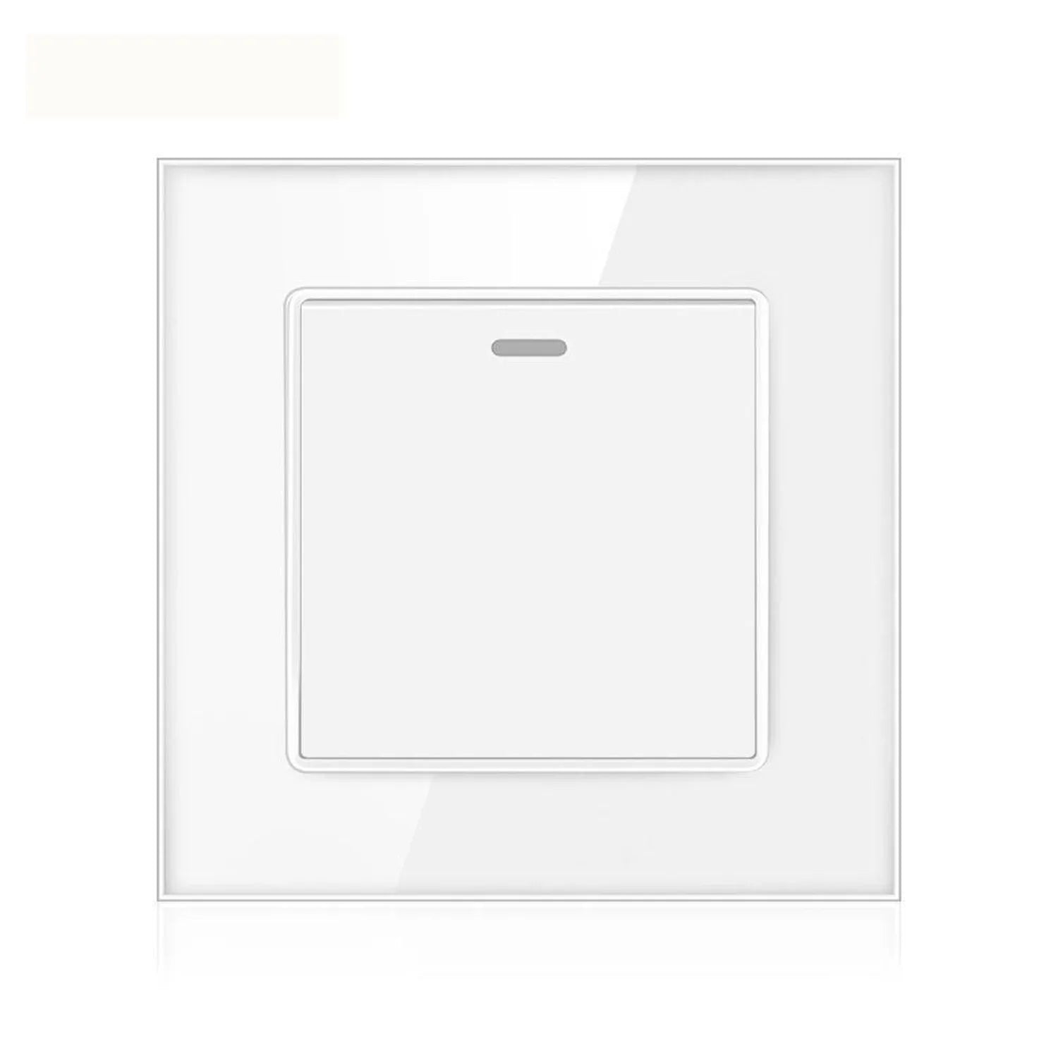 White glass 1-gang 2-way light switch with rounded edges and small indicator light on white wall plate, front view.