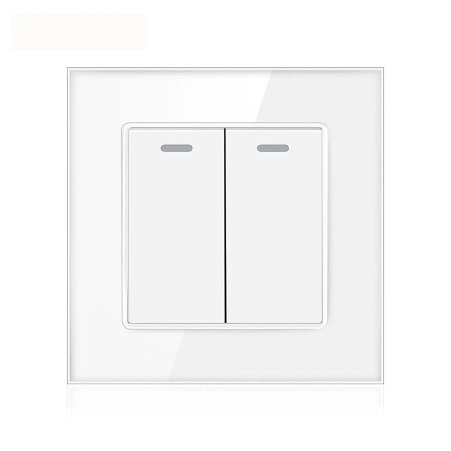 White double-gang light switch with tempered glass panel and two toggle switches with indicator lights, mounted on white wall