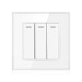 White 3-gang 2-way light switch with tempered glass panel and indicator lights mounted on wall plate.