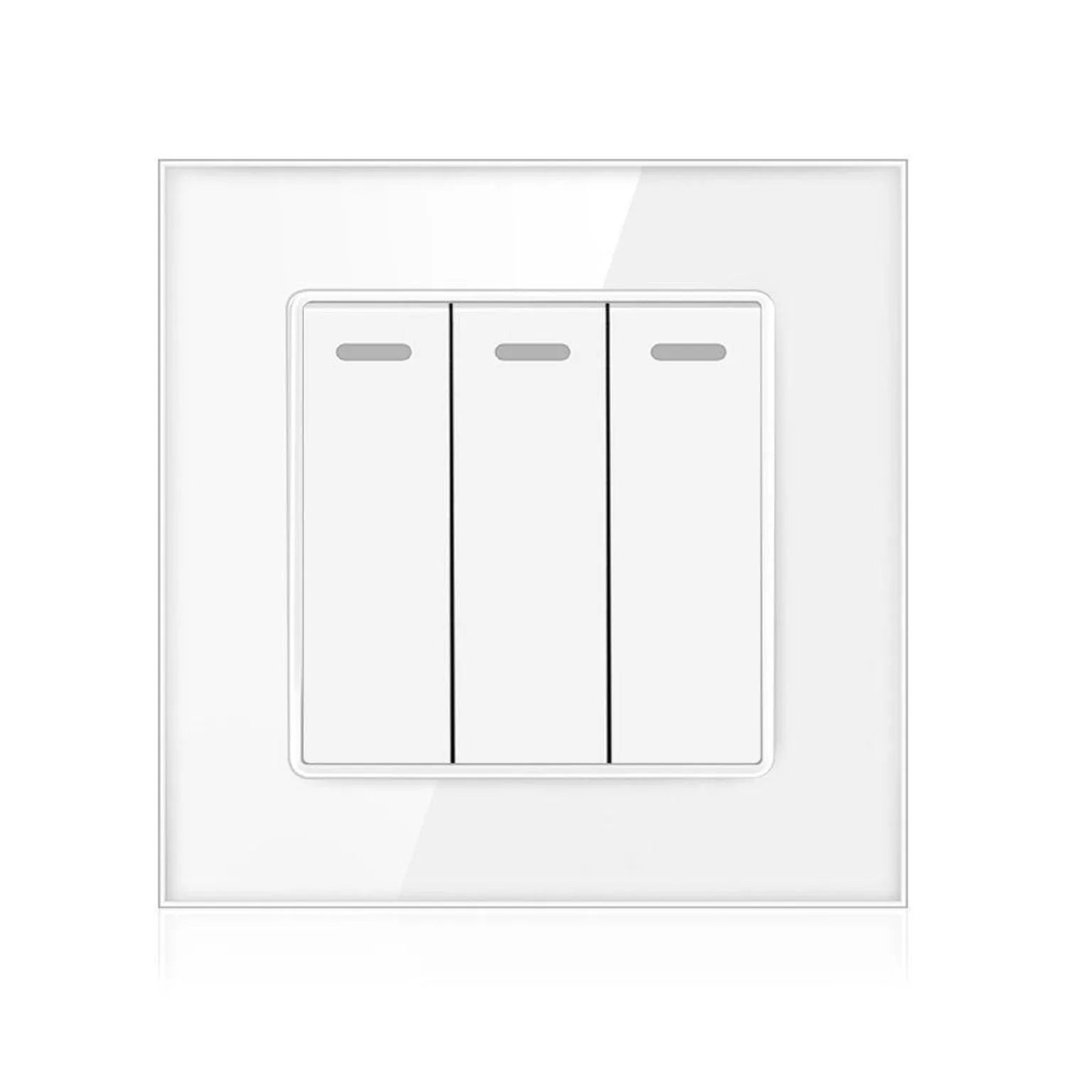 White 3-gang 2-way light switch with tempered glass panel and indicator lights mounted on wall plate.
