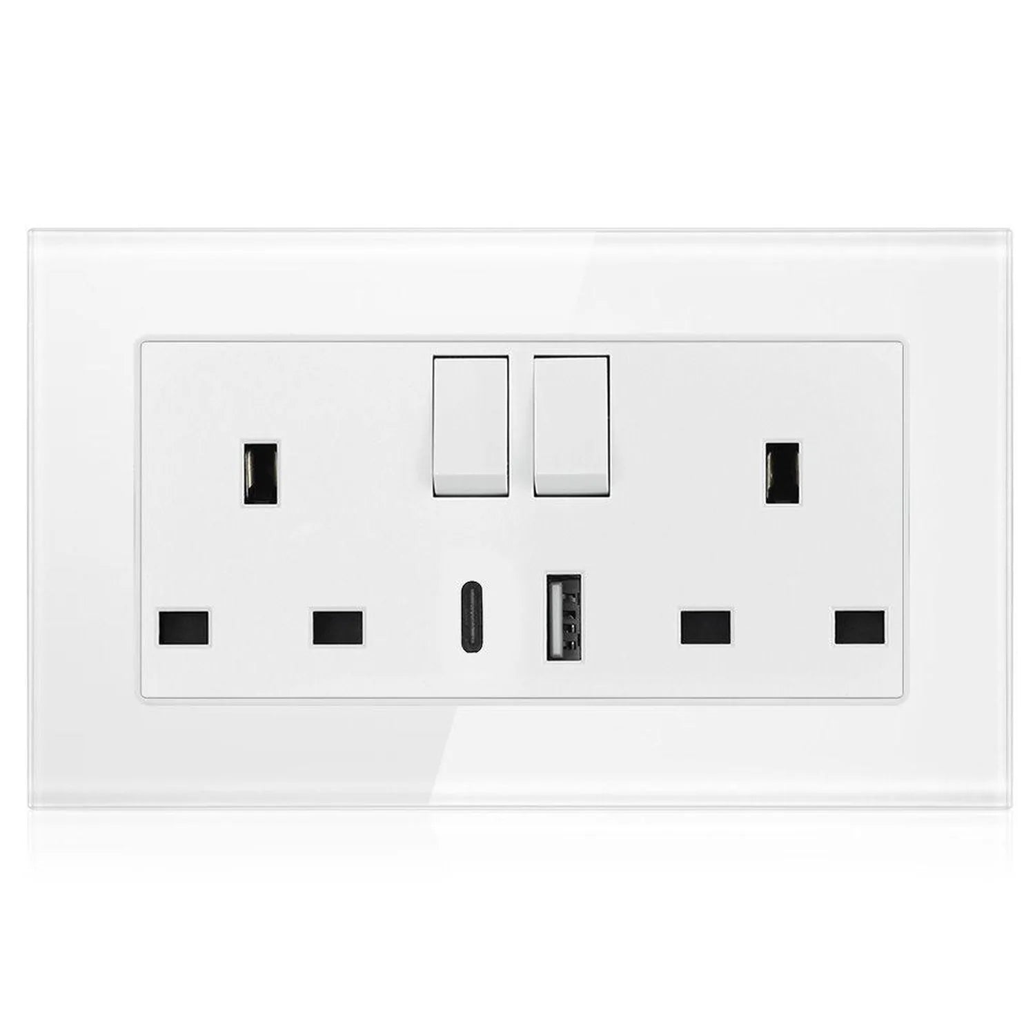 White wall-mounted electrical outlet plate with two toggle switches, two USB ports, and four rectangular sockets on tempered 