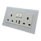 White wall-mounted electrical outlet with two switches, two rectangular sockets, and USB Type A and C ports, product shot on 