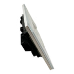 White tempered glass switched socket outlet with USB ports, side view showing internal black mechanism and angled installatio