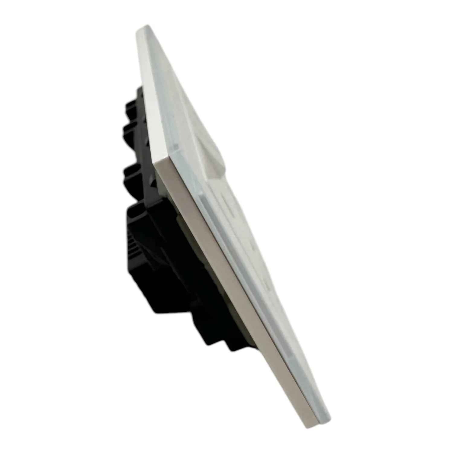 White tempered glass switched socket outlet with USB ports, side view showing internal black mechanism and angled installatio