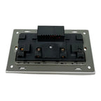 Rear view of wall-mounted electrical socket assembly showing metal backplate with mounting holes and black internal wiring te