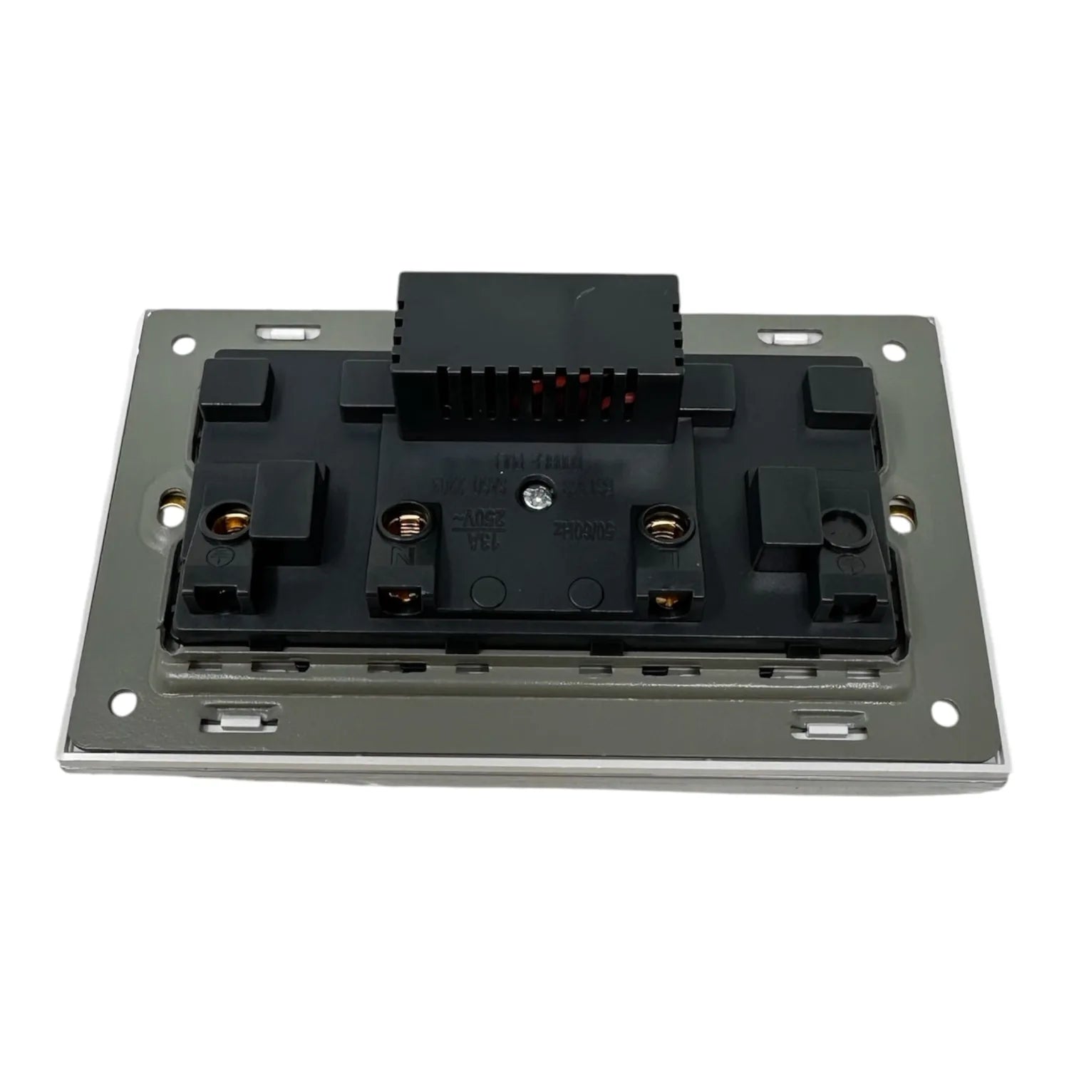 Rear view of wall-mounted electrical socket assembly showing metal backplate with mounting holes and black internal wiring te