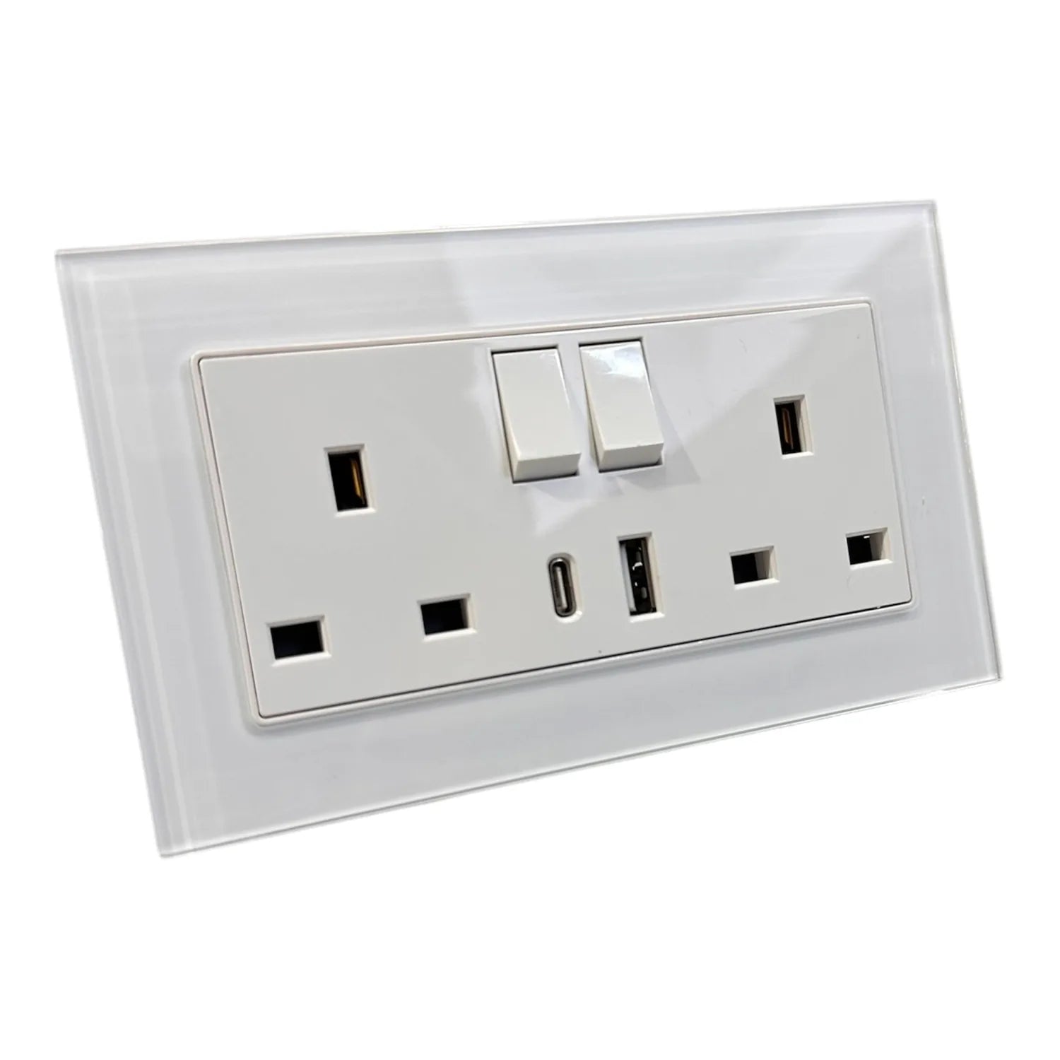 White tempered glass electrical outlet plate with two switches and dual USB ports, angled product view.