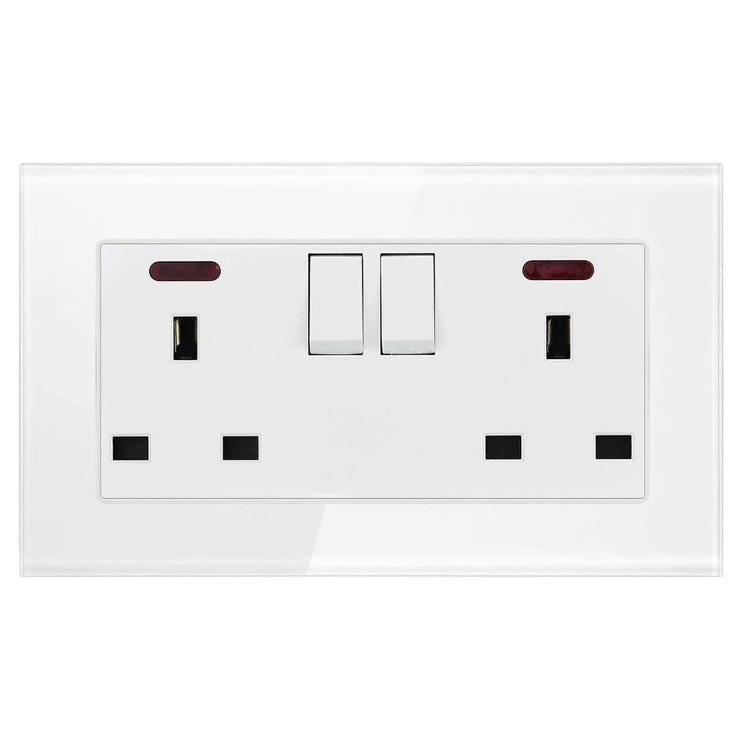 White tempered glass electrical outlet plate with two switched sockets, USB ports, and indicator lights.